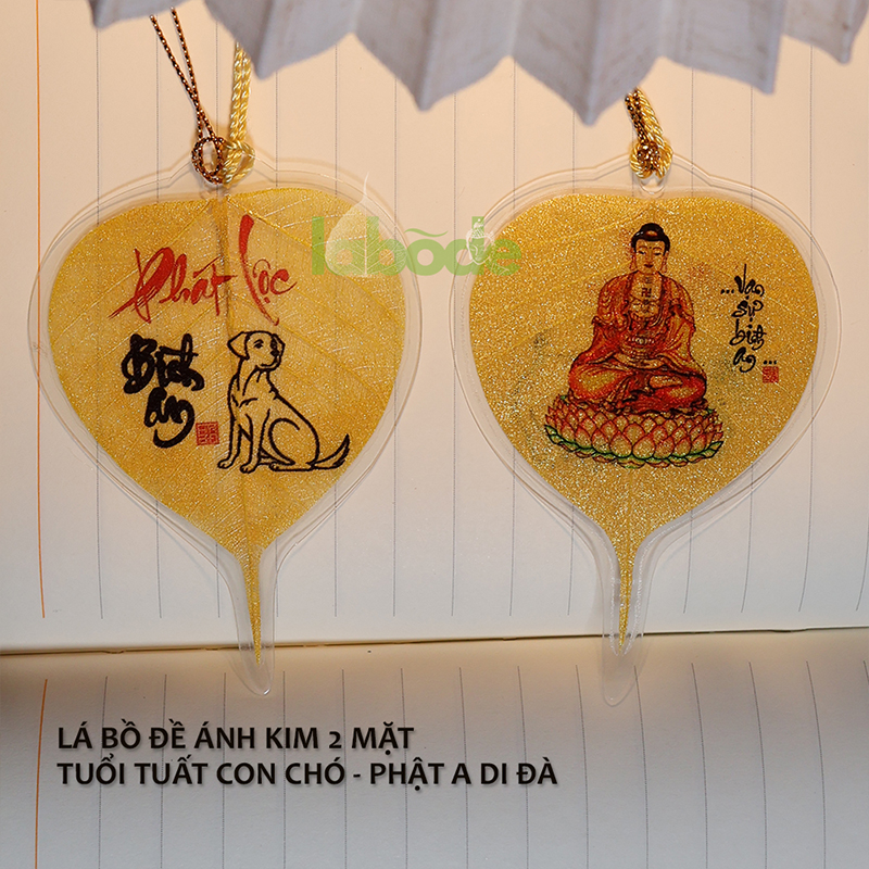 Lá Bồ Đề Tuổi Tuất 2 Mặt Ánh Kim phật bản mệnh A Di Đà