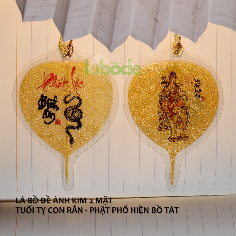 Lá Bồ Đề Tuổi Tỵ 2 Mặt Ánh Kim phật phổ hiền bồ tát